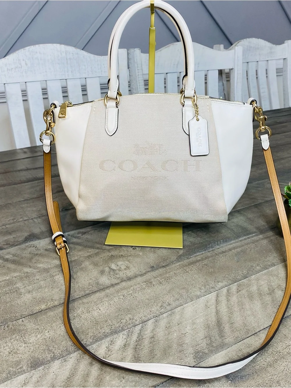 COACH Elise Satchel Horse & Carriage Jacquard Canvas White Leather Crossbody Bag